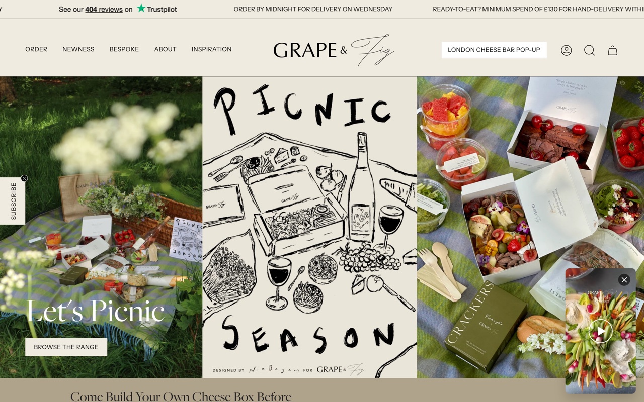 Sitio de Grape & Fig: portada editorial con platters para compartir y secciones de eventos y gifting.
