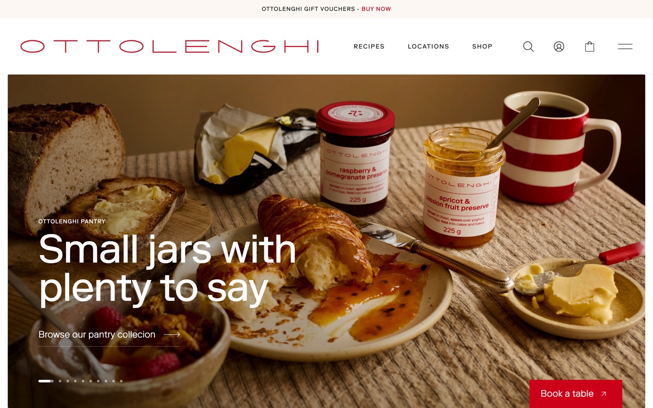 Sitio de Ottolenghi: universo de marca editorial con shop, deli, recetas, catering y eventos.